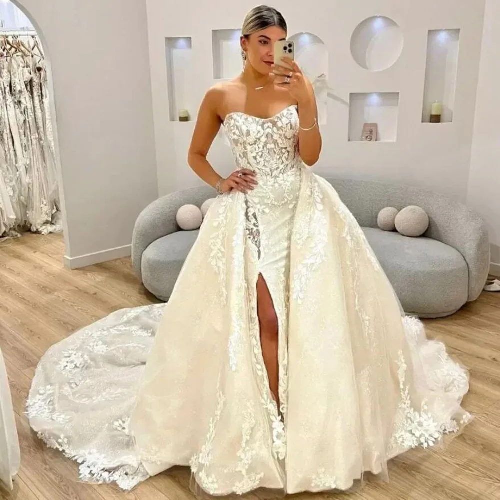 Gorgeous Lace Appliqued Mermaid Wedding Dresses Strapless High Split Bridal Gowns Customized 2 In 1 Bride Formal Party Clothing