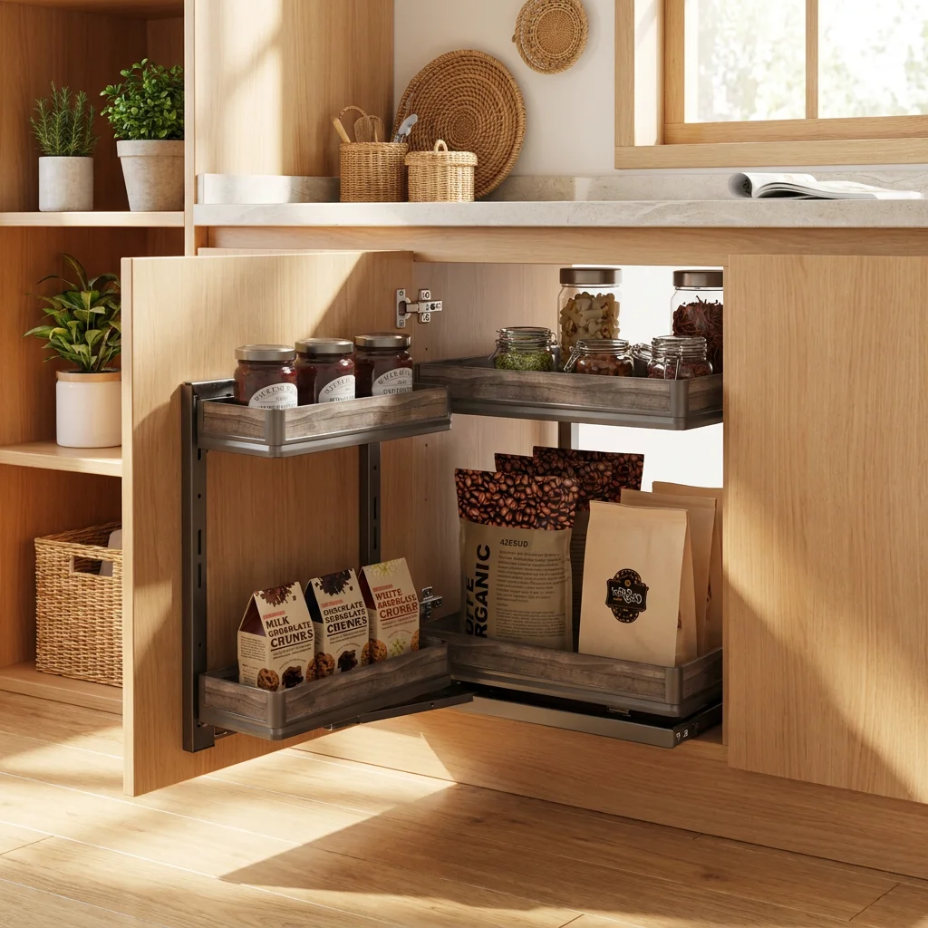 Custom Magic Corner Kitchen Cabinet Basket 2 Tier Aluminum Alloy Pull Out Corner Storage Organizer Furniture Hardware