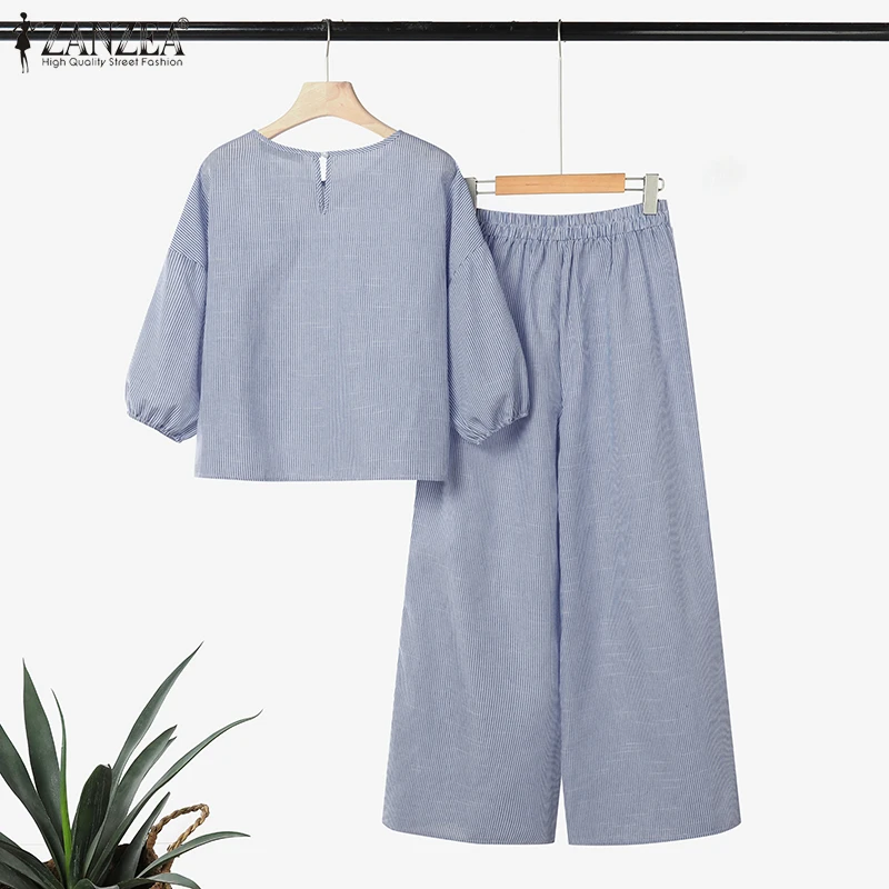 2026 ZANZEA Autumn Spring Outfits Women Pants Sets Striped Tracksuit 2 Piece Sets 3/4 Puff Sleeve Blouse Wide Leg Trousers Suit