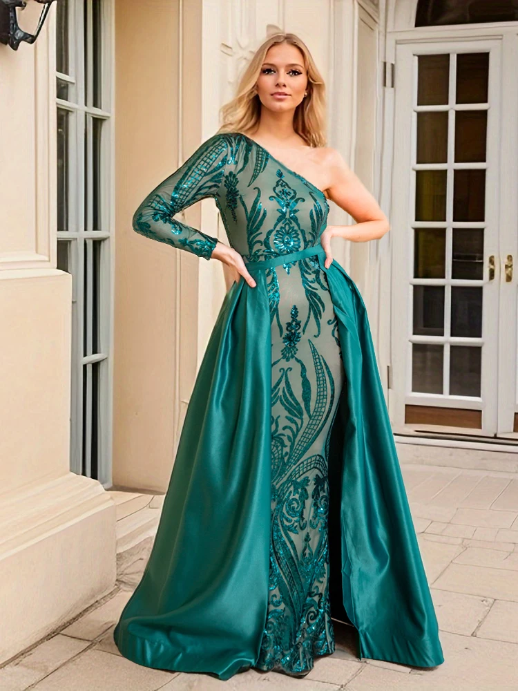 Retro Sequin Evening Dress Prom Ball Gown with Satin Skirt One Shoulder Single Sleeve Floor Length Stretchy