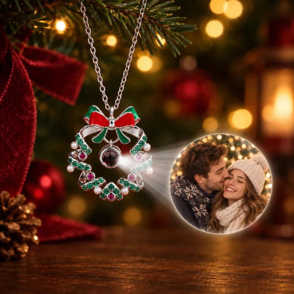 Custom Photo Projection Necklace Personalized Christmas Wreath Picture Keepsake Family Gifts For Her Memory Pendant Jewelry