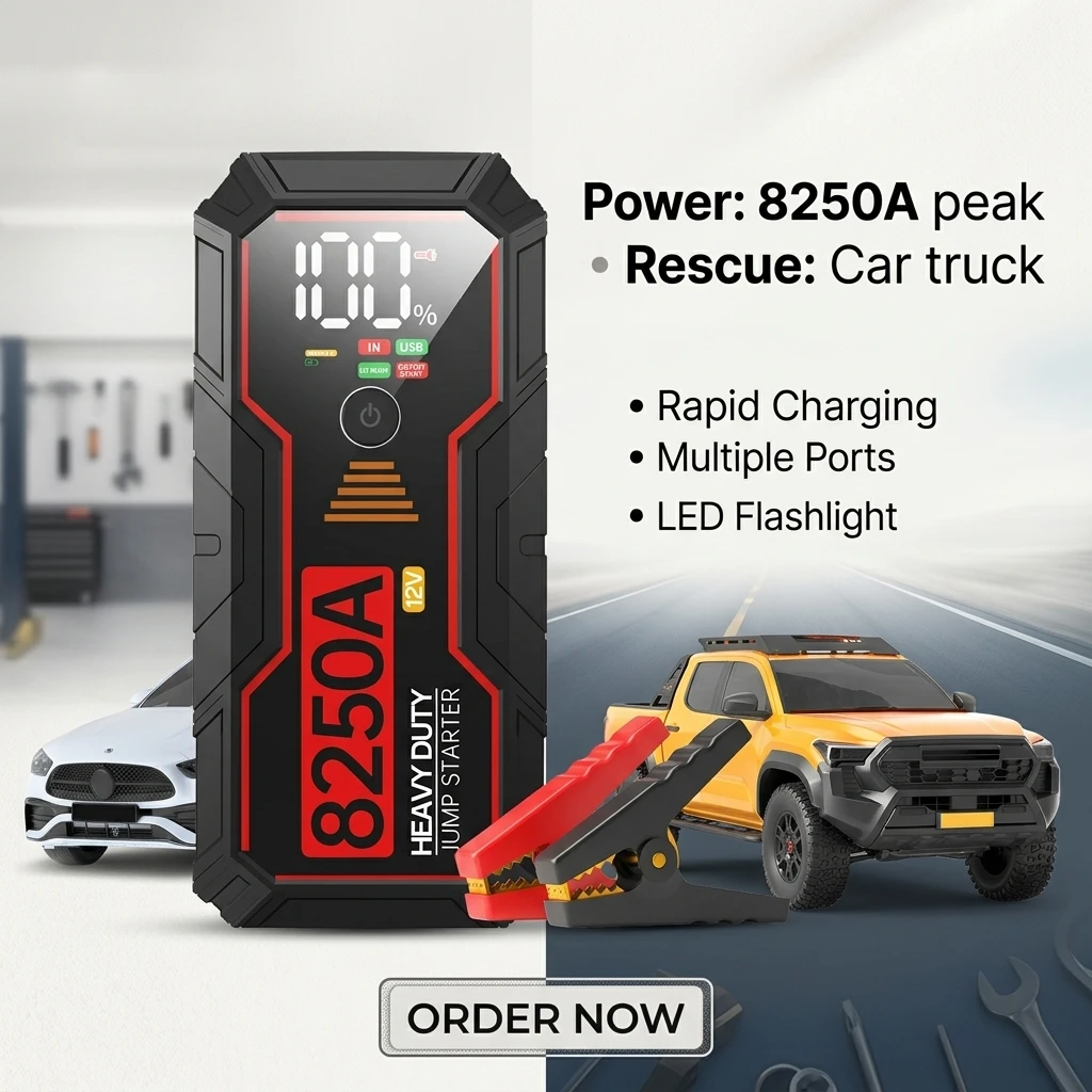 Portable High Power 8750A 12V Car Emergency Jump Starter Multi-Function with Air Compressor for Truck and Motorcycle Use
