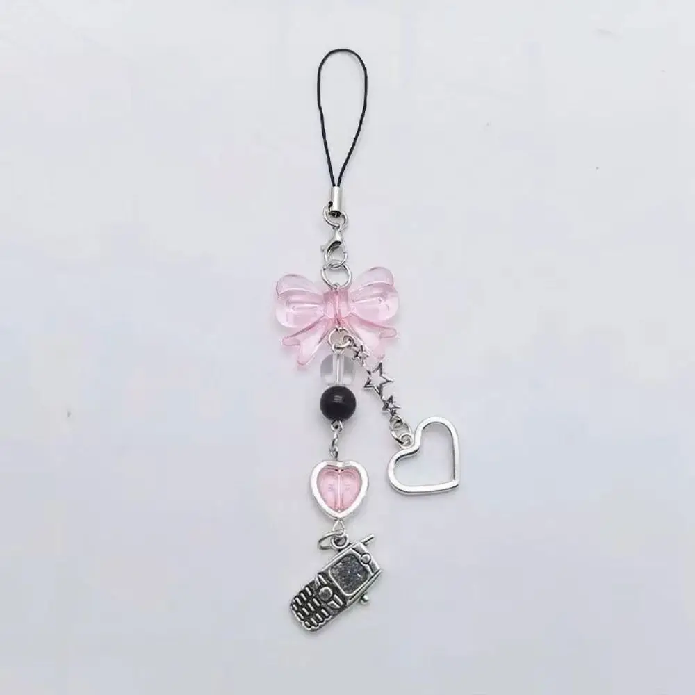 New Bow Cell Phone Rope Chain Anime Pendant Pink Beads Chain Handmade Beads Strand Choker DIY Key Chain Phone Charm Key Chain