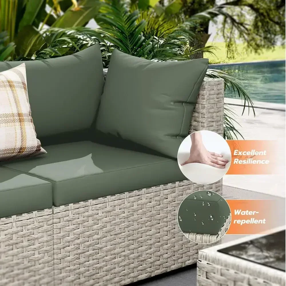 7-Piece Green PE Wicker Sectional Sofa Set with Tea Table, Perfect for Outdoor Patio, Garden, Backyard
