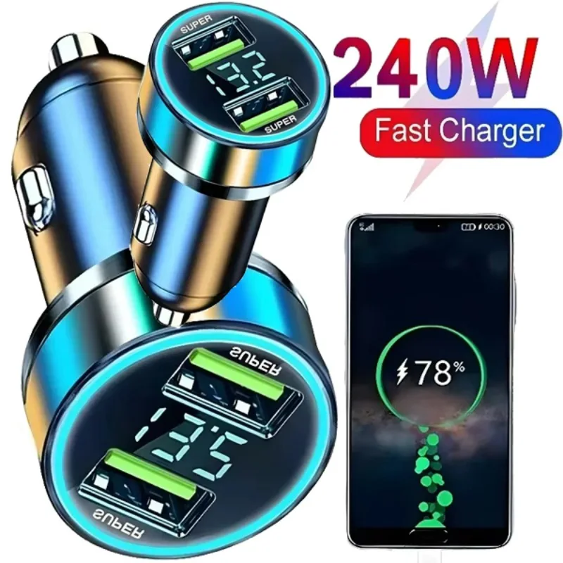 

240W Car Charger Fast Charging 2 USB Ports Adapter for IPhone Samsung Xiaomi Quick Charging Chargers with Digital Display