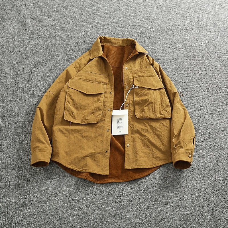 Reversible A+B fabric outdoor functional cargo jacket men\'s loose pocket lapel retro American casual jacket
