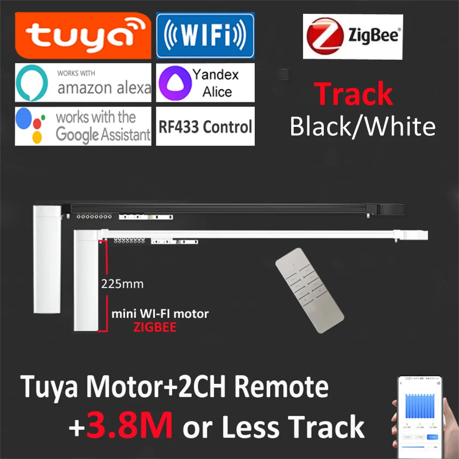 

Tuya Wifi/zigbee Electric Smart Curtain Motor 225mm+3.8M Rod or Less,Intelligent Voice Control Alexa Google Assist Alice,RF433