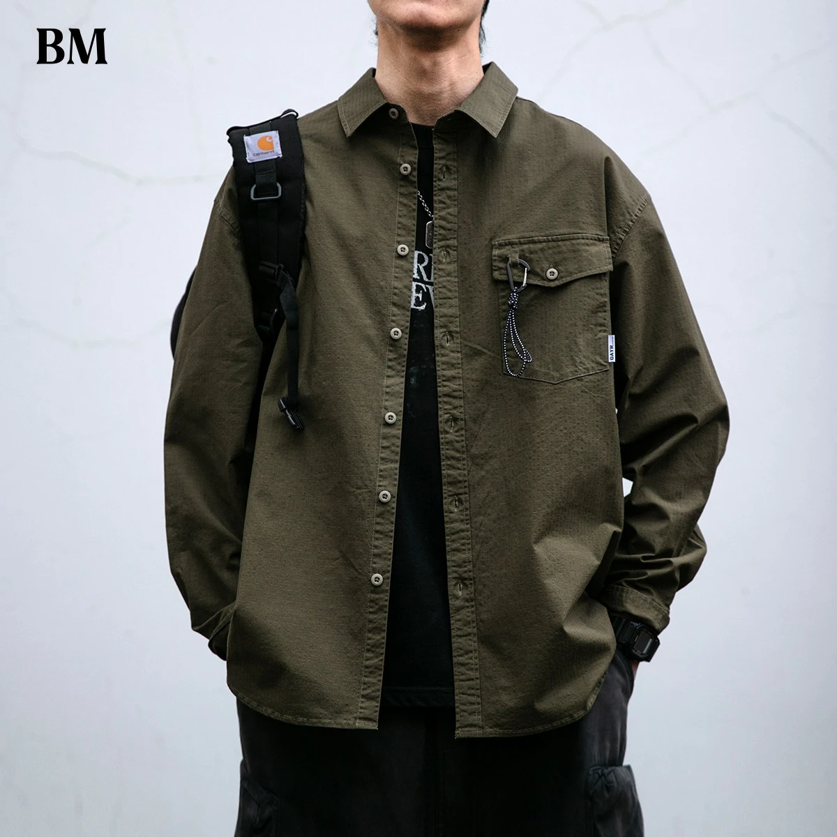 Mens High Quality Vintage Work Shirt Loose Fit Pure Cotton Long Sleeve Casual Trendy Olive Green Coat Male Streetwear Utility