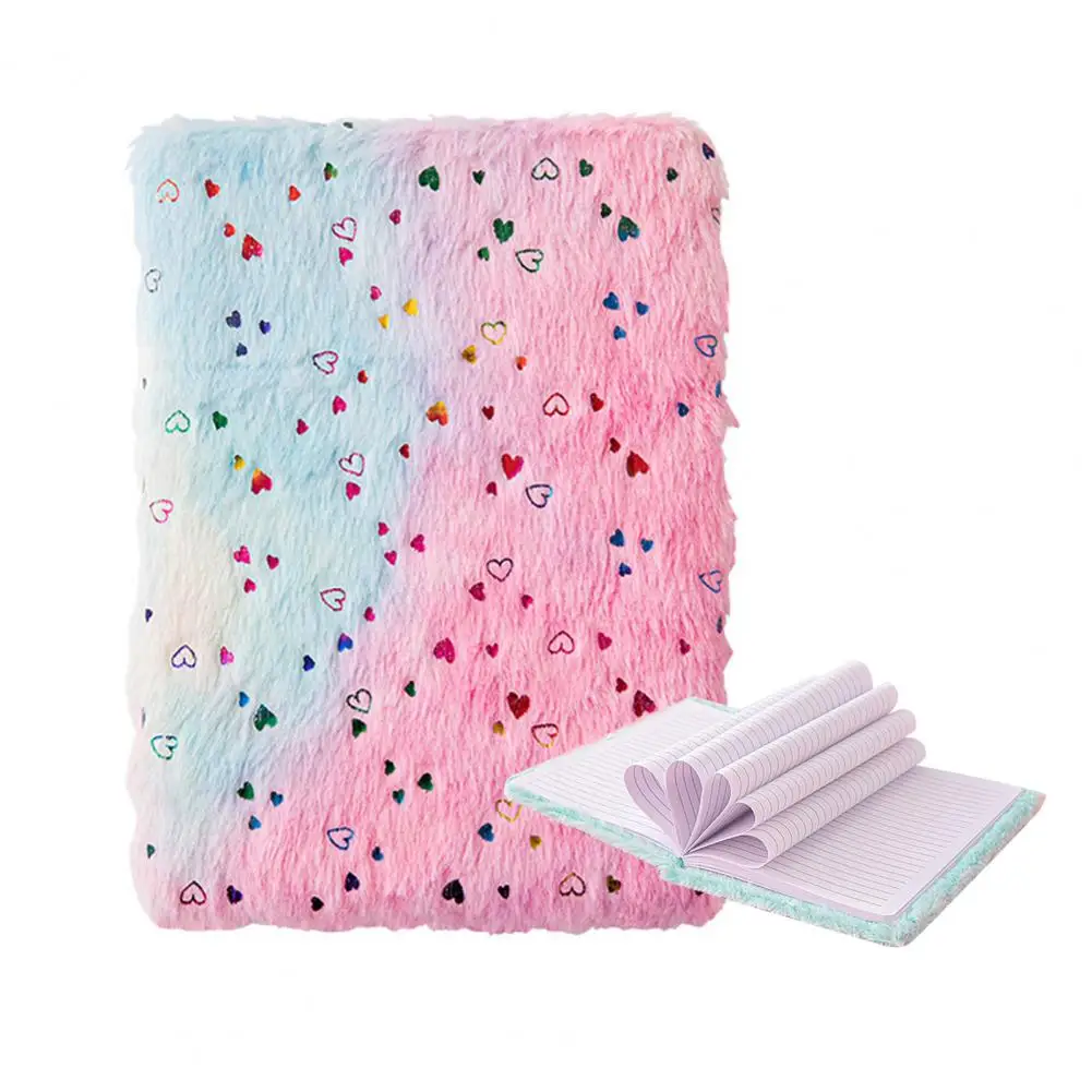 Gradient Color Notebook Plush Rainbow Heart Pattern Girls Diary with Lock A5 Secret Journal for Writing Drawing for Kids