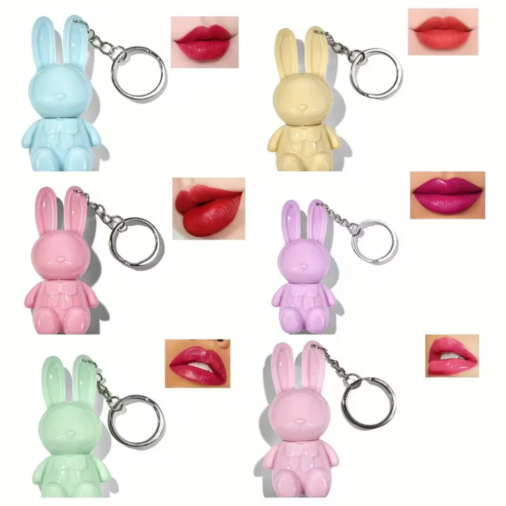 Juego de brillo de labios lindo oso y conejito, brillo de labios teñido con aceite de labios brillante con llavero, lápiz labial brillante, maquillaje para niñas, 4 Uds.