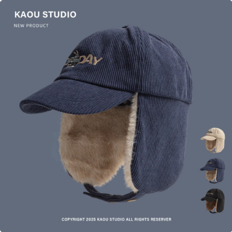 

Korean Corduroy Embroidered Lei Feng Hat Winter Men and Women Outdoor Fleece Cycling Warm Ear Protection Flying Bomber Hats