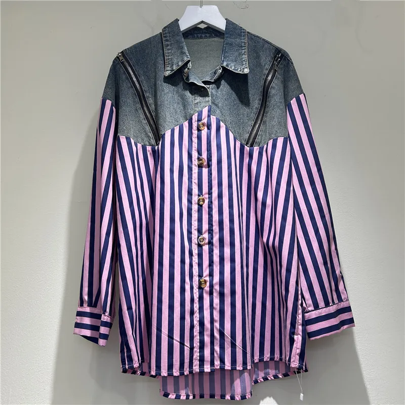 

Весенние джинсовые полосатые рубашки контрастного цвета, джинсовая блузка с длинными рукавами, свободные ковбойские лоскутные кардиганы на молнии, укороченные топы