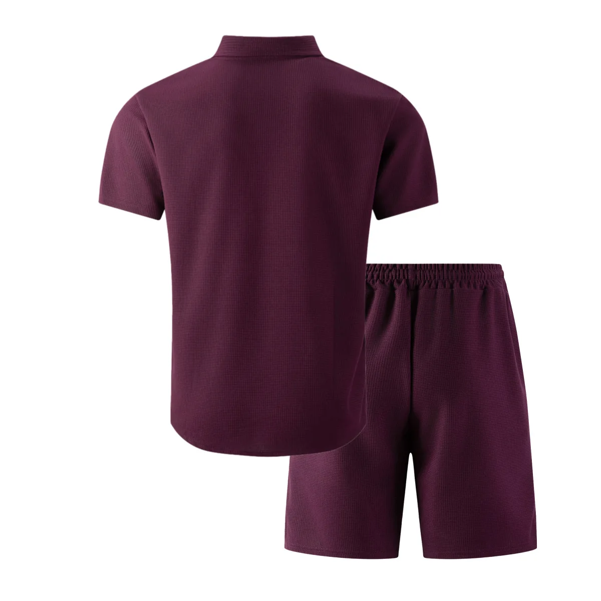 Summer New Men Waffle Knit Polo Solid Color Lapel Short Sleeve Cardigan Shirt Pocket Shorts Set Casual 2 Piece Outfit For Male
