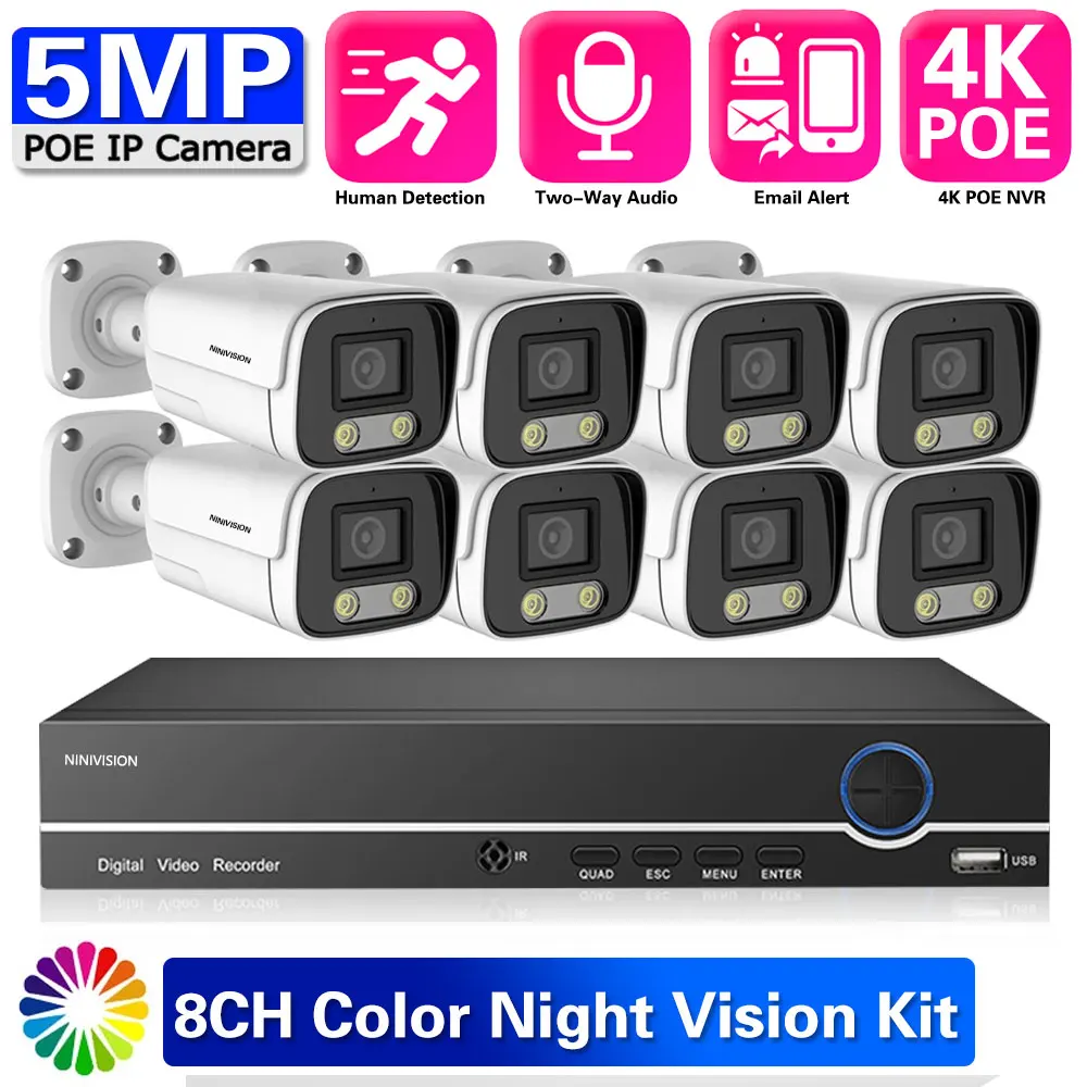 

H.265 8CH 4K POE NVR Kit 5MP Two Way Audio Outdoor Colorful Night Vision Camera CCTV Video Surveillance Security Camera System