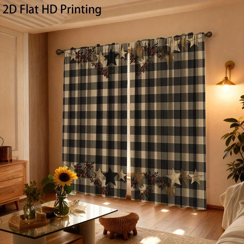 Elegant Black and White Plaid Curtain Panels with Star and Floral Embellishments for Living Room Home Decor