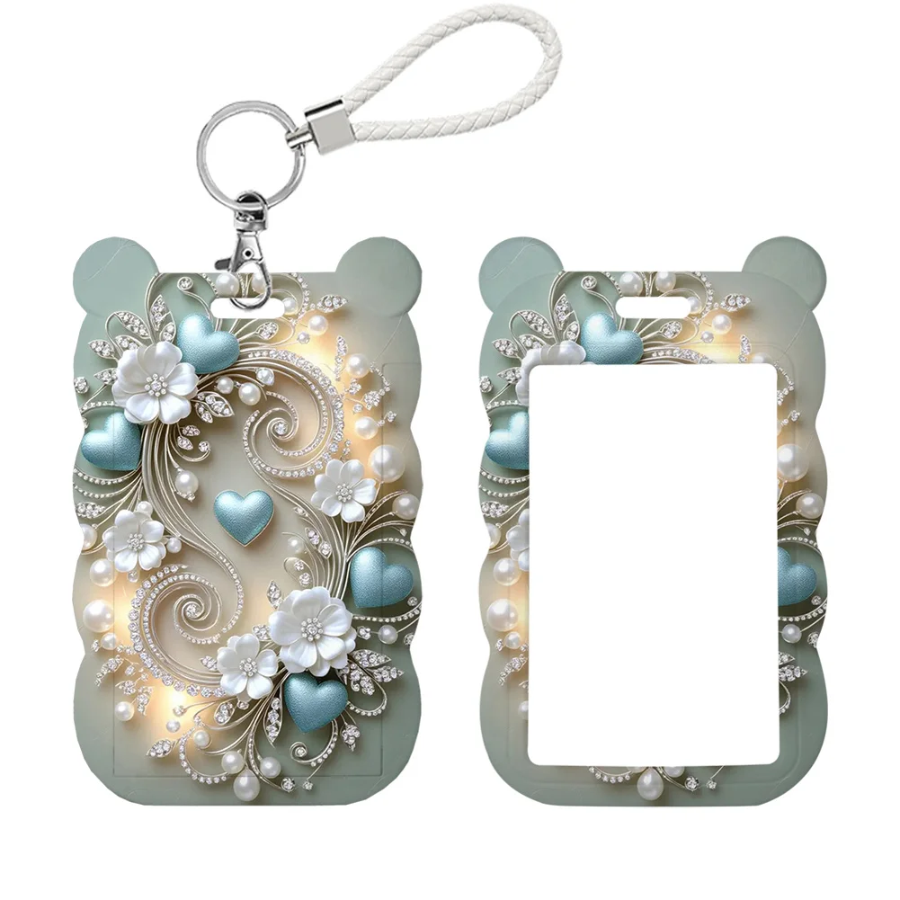 Blue Heart Pattern Work Card Holder Work Permit Name Badge with Keychains Student Id Card Lanyard Holder Accessories