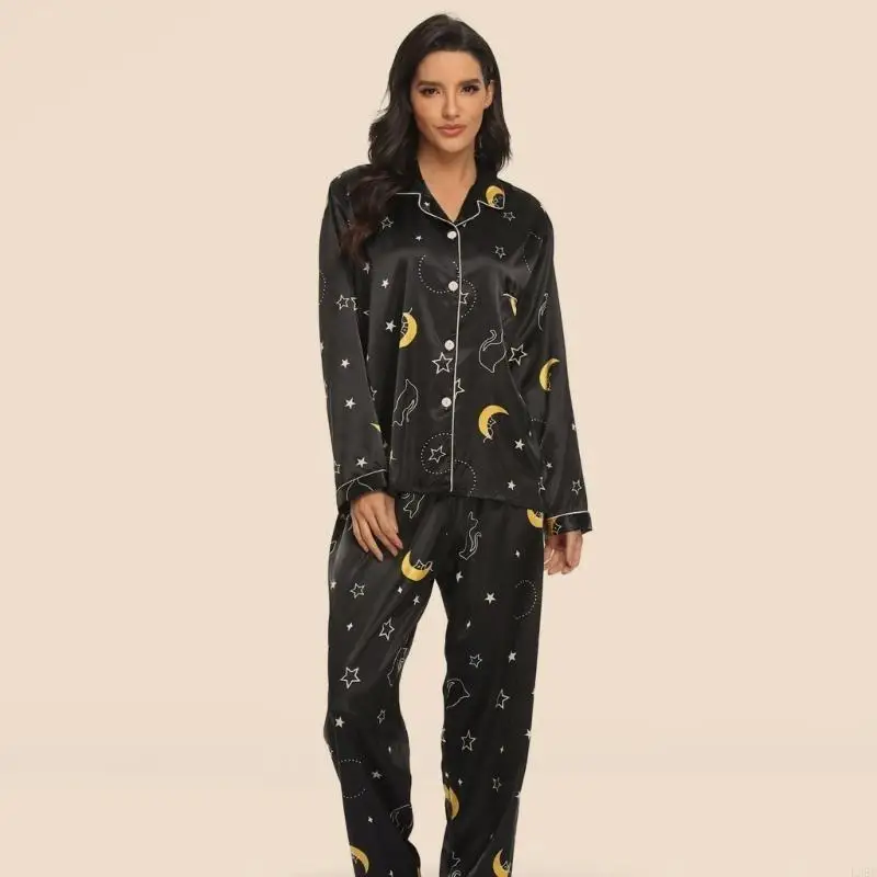 L38E Women Satin Pajamas Set Button Down Loungewear Long Sleeve Sleepwear Soft Silk Pjs Set