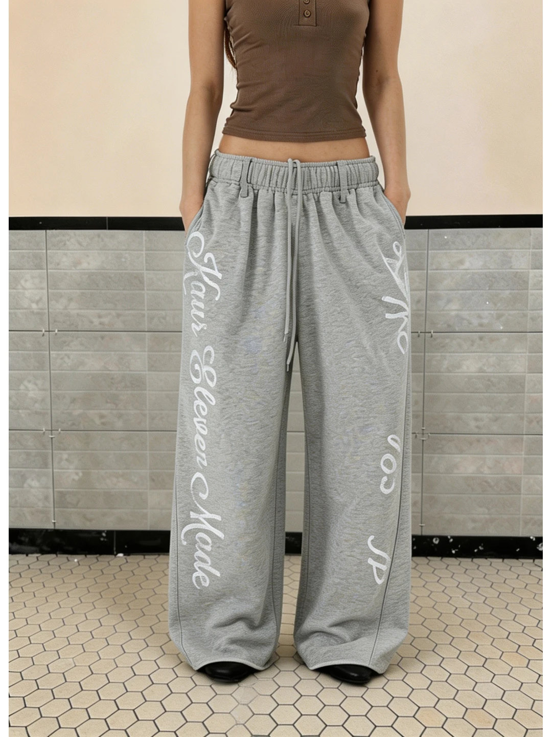 American Loose Dancing Letter Print Sports Sweatpants Men Women Autumn Winter Floor-Length Wide Leg Pants Casual Loose Fit