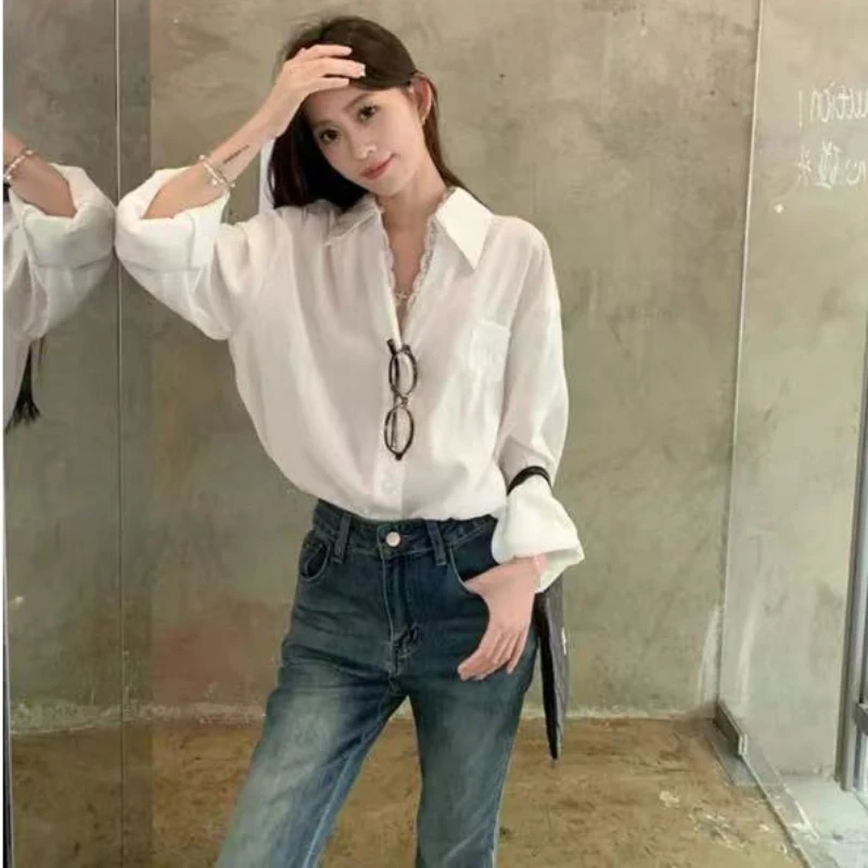 Luxury Design Women's Clothing White Shirt Fake Two Pieces Lace Patchwork Long Sleeve Blouse Single-breasted Office Lady Shirts