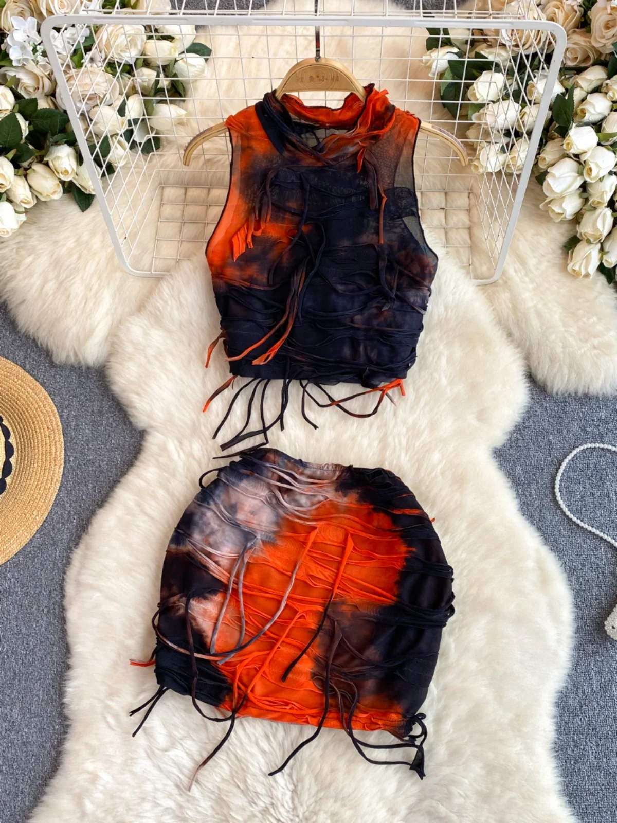 Foamlina Summer Sexy 2 Pieces Set Women Fashion Tie Dye Print Stand Collar Sleeveless Crop Top + Elastic Waist Mini Skirt Suits