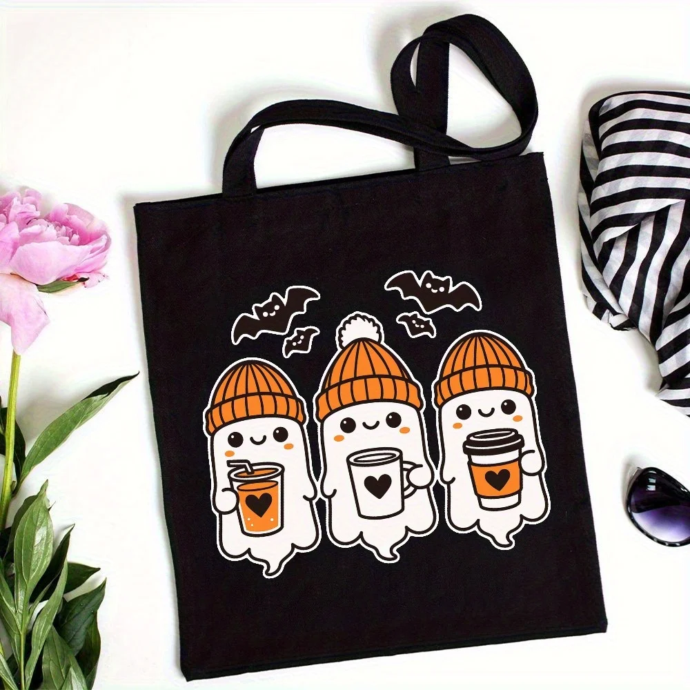 Cute Halloween Ghost Canvas Tote Bag Coffee Drink Bat Print Reusable Shopping Shoulder Handbag Holiday Gift