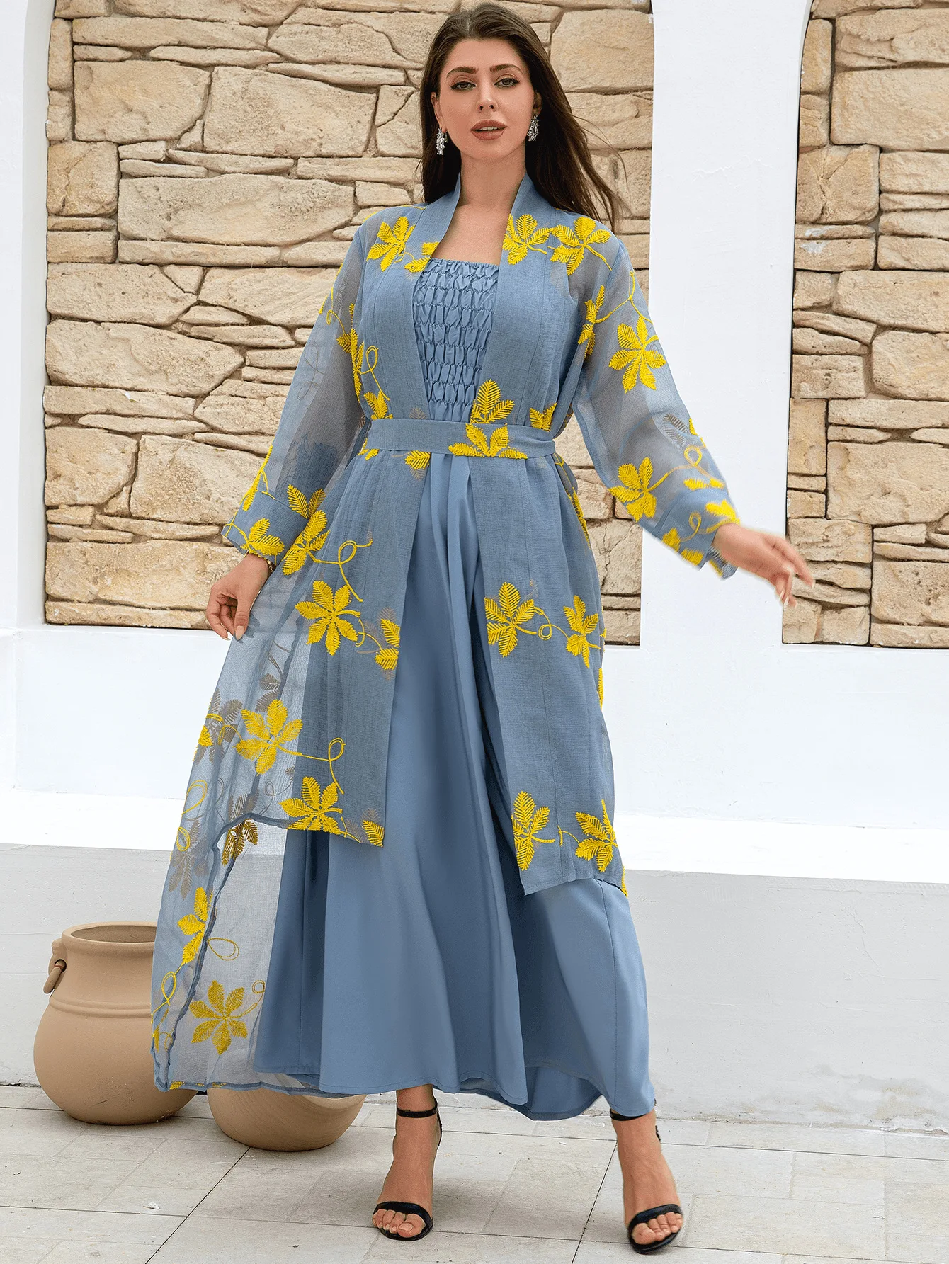 Fashion Floral Printed Muslim Set Dress for Woman Long Sleeve Muslim Dress Two-piece Elegant Party Sundress Vintage Abaya Kaftan