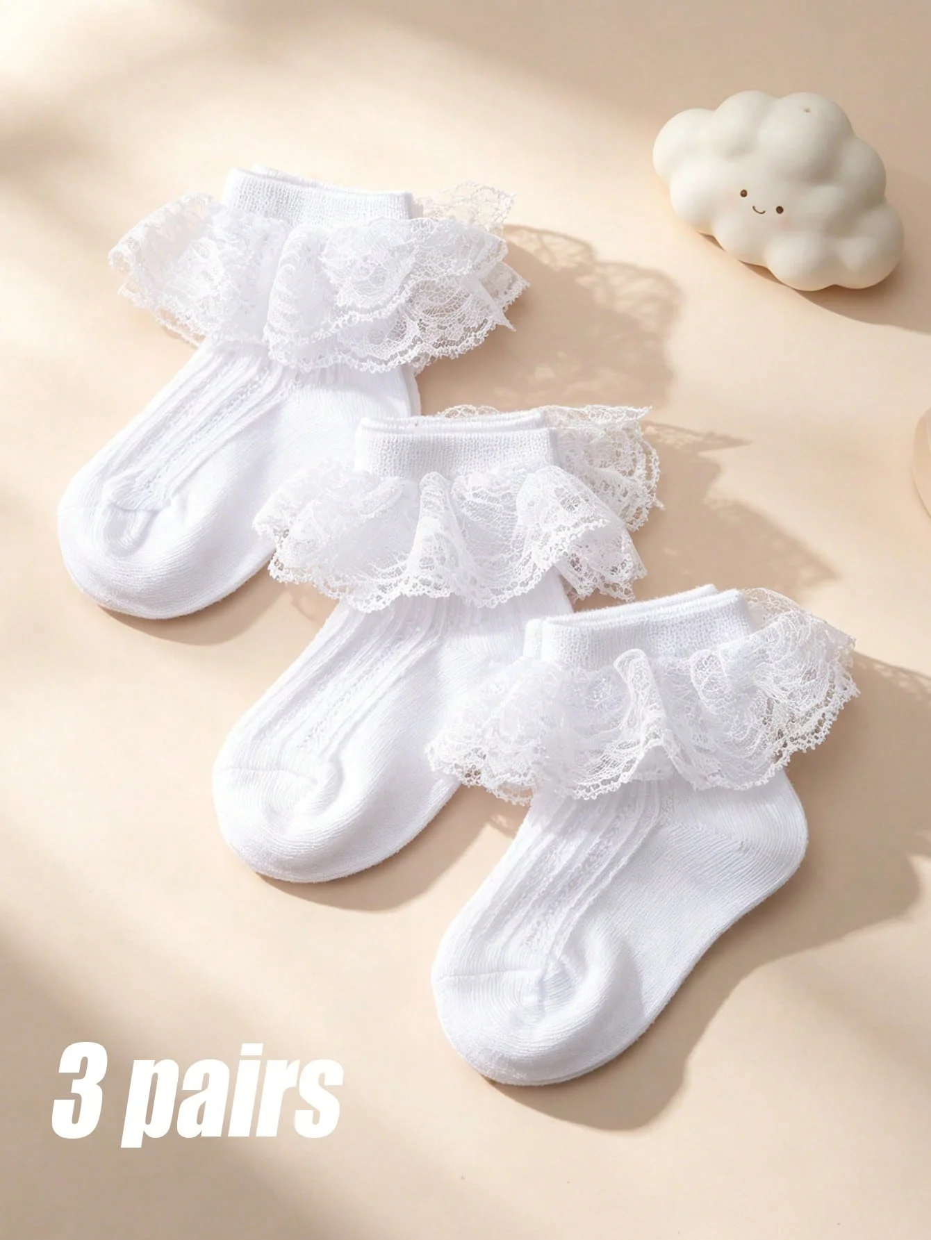3 Pairs of Baby Girl's Socks White Lace Trim Sweet Lady Style Soft and Breathable Mesh Short Socks For Toddlers Infants Newborns