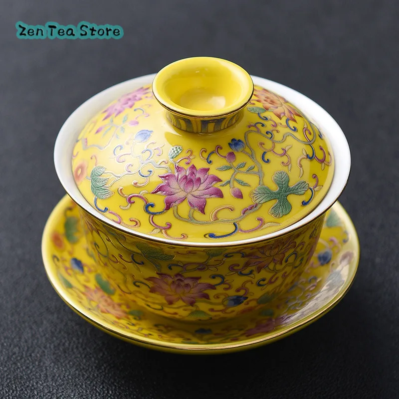 Enamel Three Kinds Of Cover Bowl Tea Bowl Kung Fu Tea Set Emperor Yellow Single Cup Tea Cover Bowl Cover Tea Trumpet