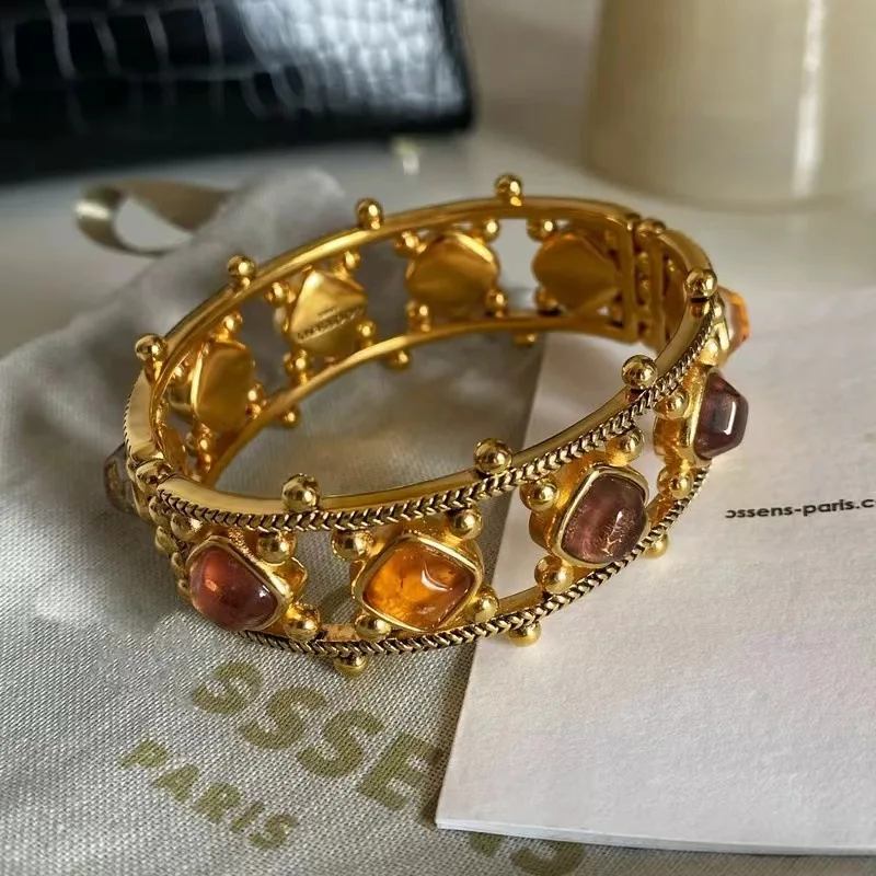 European Design Brand Crystal Hollow Bracelet Woman Luxury Jewelry Trend High-end French Classic Amber Bangle