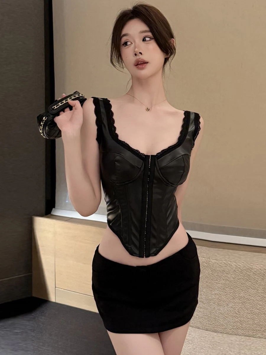 Sexy American Style Short Lace Splice PU Leather Fishbone Slim Fit Single Button Design Sensual Girl Strap Top Women Vest