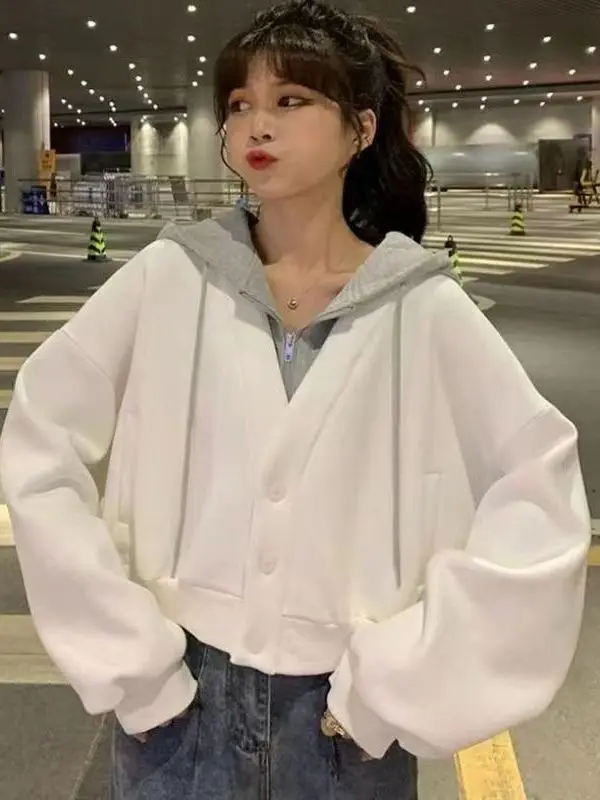 Black Hoodie Women's Short Cardigan Casual Loose Lazy Style Design Versatile INS Jacket Fake Two-Piece Hooded Sweatshirt