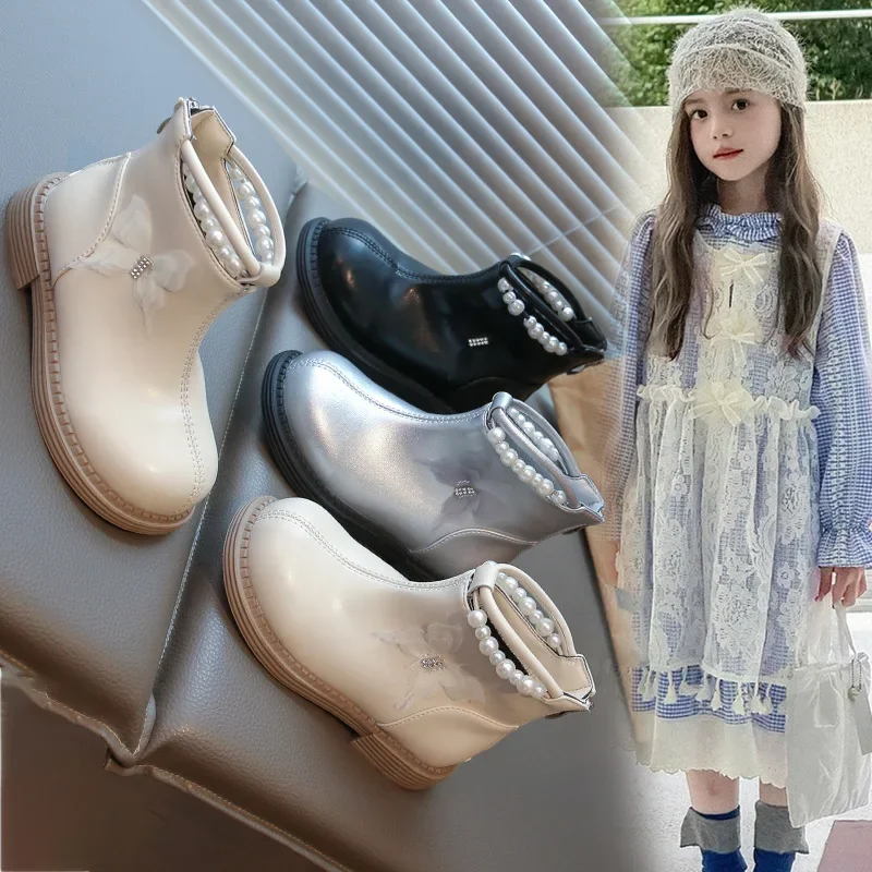 

Сапоги с жемчугом для девочек, модная детская обувь принцессы, осенне-зимняя новая повседневная детская обувь из искусственной кожи, размер 26-36