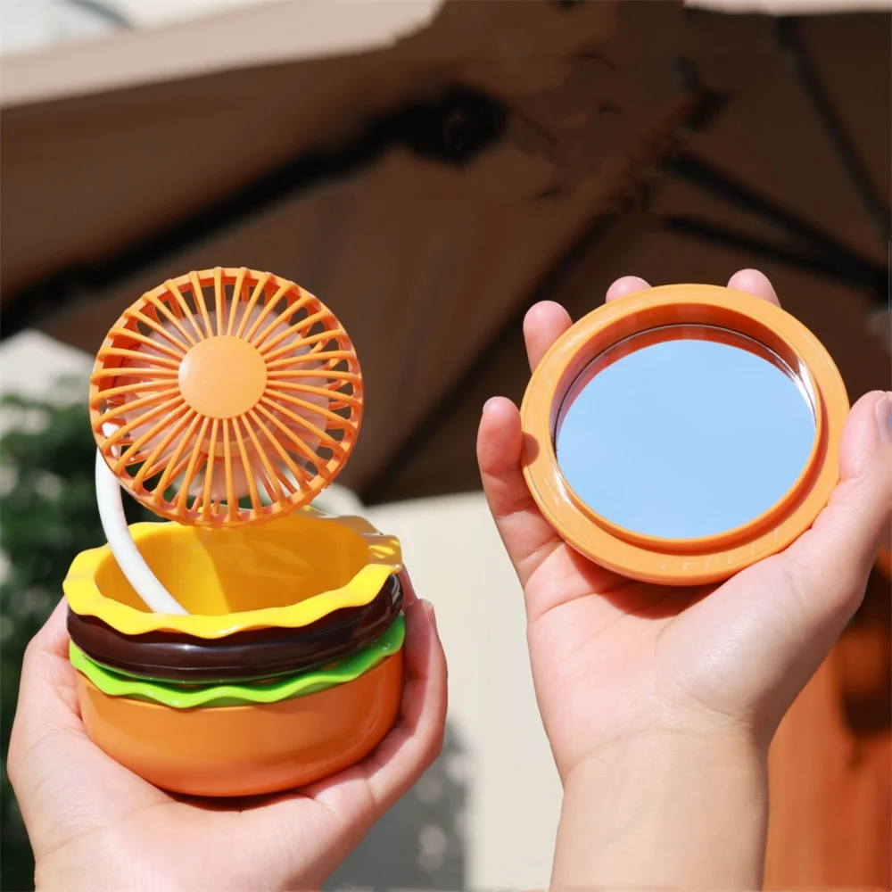 

Burger Desktop Fan Creative New Product Cartoon USB Charging with Beauty Mirror Portable Handheld Small Fan Gift Summer