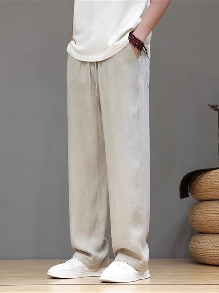 

Мужские летние тонкие брюки из льняной ткани Ice Silk: модные, повседневные, свободные, прямого кроя, с высокой талией, широкими штанинами, дышащие