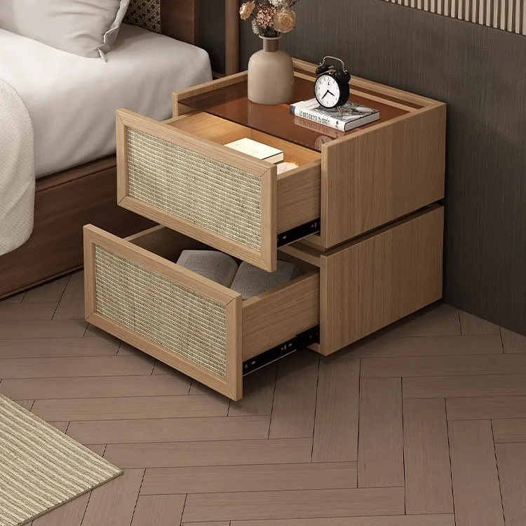 Solid wood rattan cloth free installation bedside table simple modern bedroom small bedside table Nordic light luxury design bed