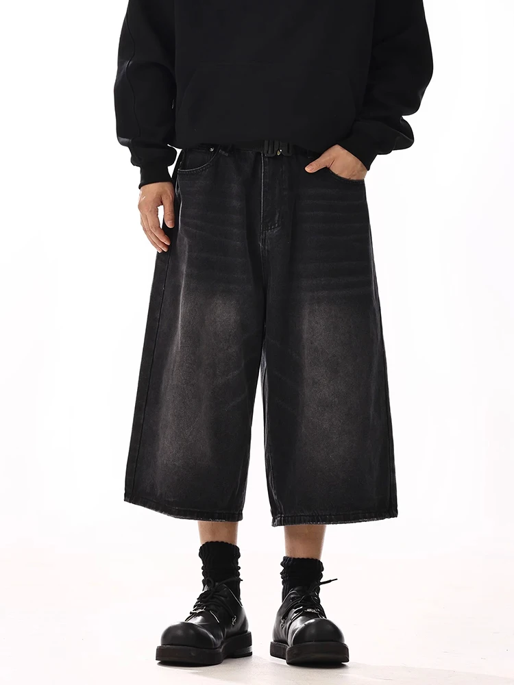 REDDACHiC Plus Size Men's Jeans Jorts Black Whiskers Cleanfit Wide Leg Casual Short Pants Hip Hop Skater Retro Summer Clothes