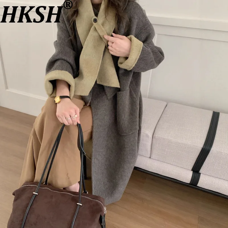 

HKSH осень-зима новое женское длинное пальто с шарфом и воротником с цветными блоками и карманами, утепленная теплая двусторонняя шерстяная куртка HK14381