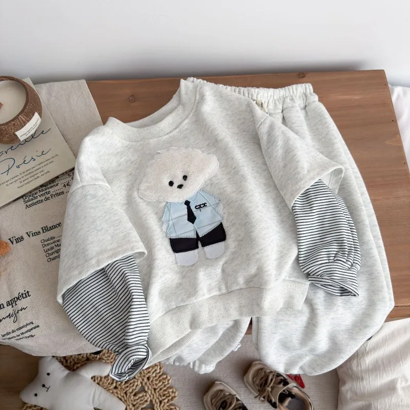 RAISE Herbst 1-12 Jahre Kinder Jungen 2-teiliges Kleidungsset mit Hundeaufdruck, Kinder Jungen Fake Two Piece Oberteil + Hose, Outfits, Teenager Jungen Trainingsanzüge – Detail 3