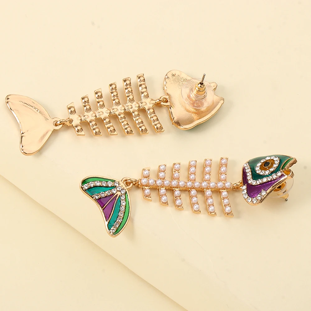 JURAN Vintage Metal Enamel Pearls Rhinestone Fish Shaped Dangle Earrings For Women 2024 New Design Statement Jewelry Accessories