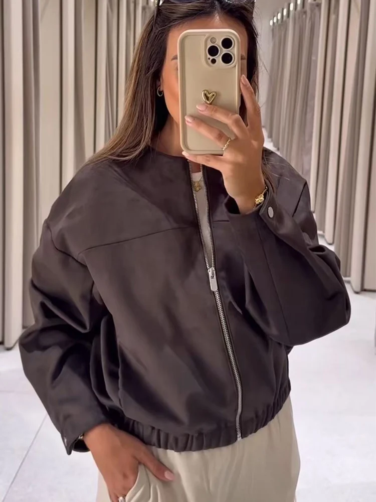 

Винтажная замшевая короткая куртка для женщин, повседневное пальто на молнии с круглым воротником, женское пальто на молнии, осень 202, новая модная уличная верхняя одежда