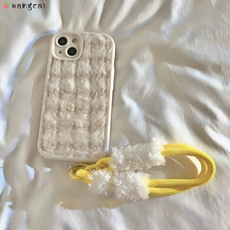 

For Vivo G3 G2 V40 V30 V29 Lite V27 V27E V25 V23E V20 X30 V9 Pro 5G 4G Phone Case With Lanyard Plush Fluffy Winter Soft Cover