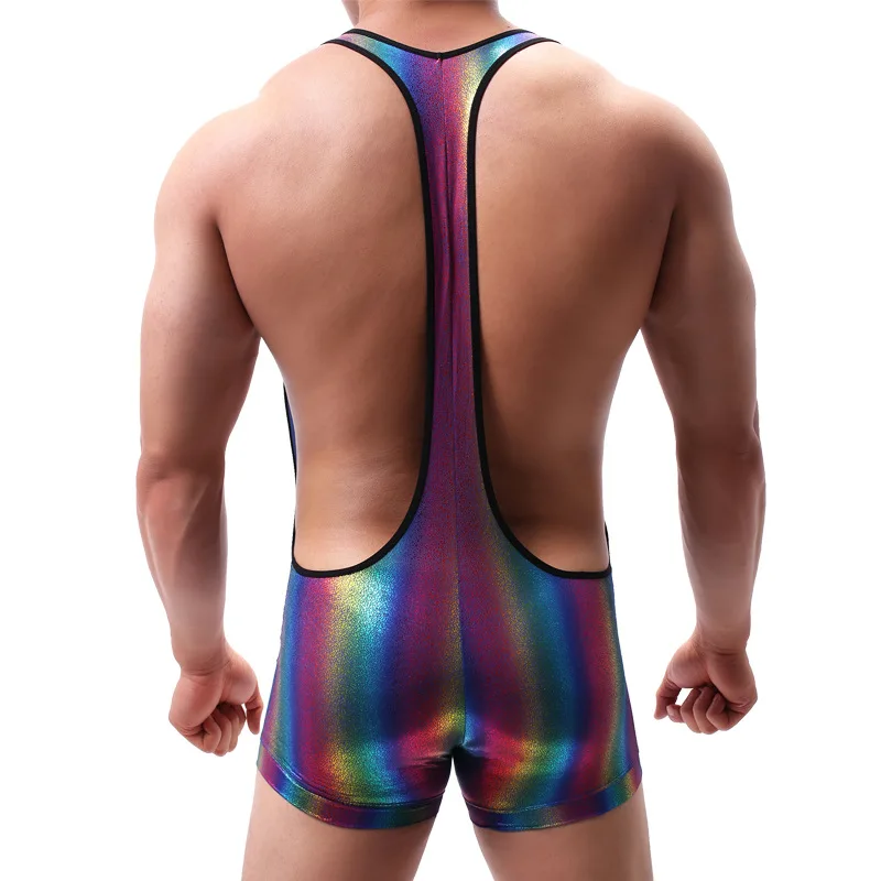 Fashion  Shiny Rainbow PU Faux Leather Sxey Men underwear jumpsuit bodysuit men's undershirt style V vest wrestling Singlet