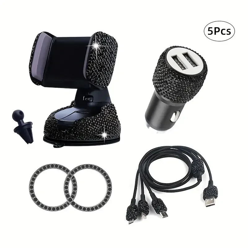 Soporte de teléfono de diamante de cristal para coche, Cargador automático 3 en 1, Cable de carga, pegatinas de inicio de una tecla, juego de accesorios para coche para mujer, 5 piezas