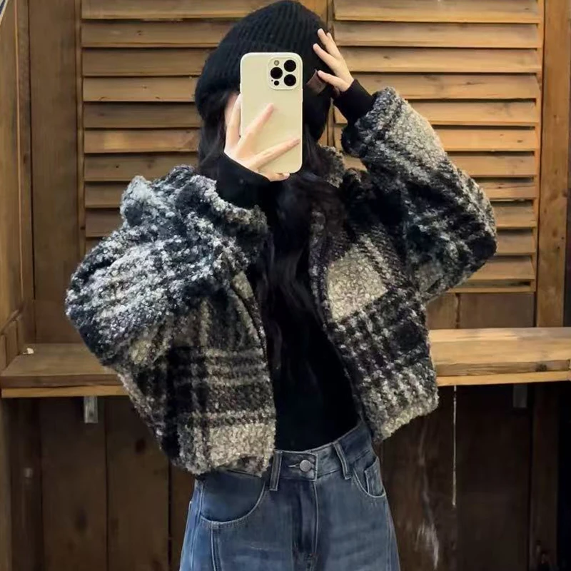 Veste à carreaux en fausse peau de mouton pour femmes, manteau court américain Vintage Street Harajuku Y2K, chaud d'automne à manches longues, vêtements d'extérieur Preppy décontractés