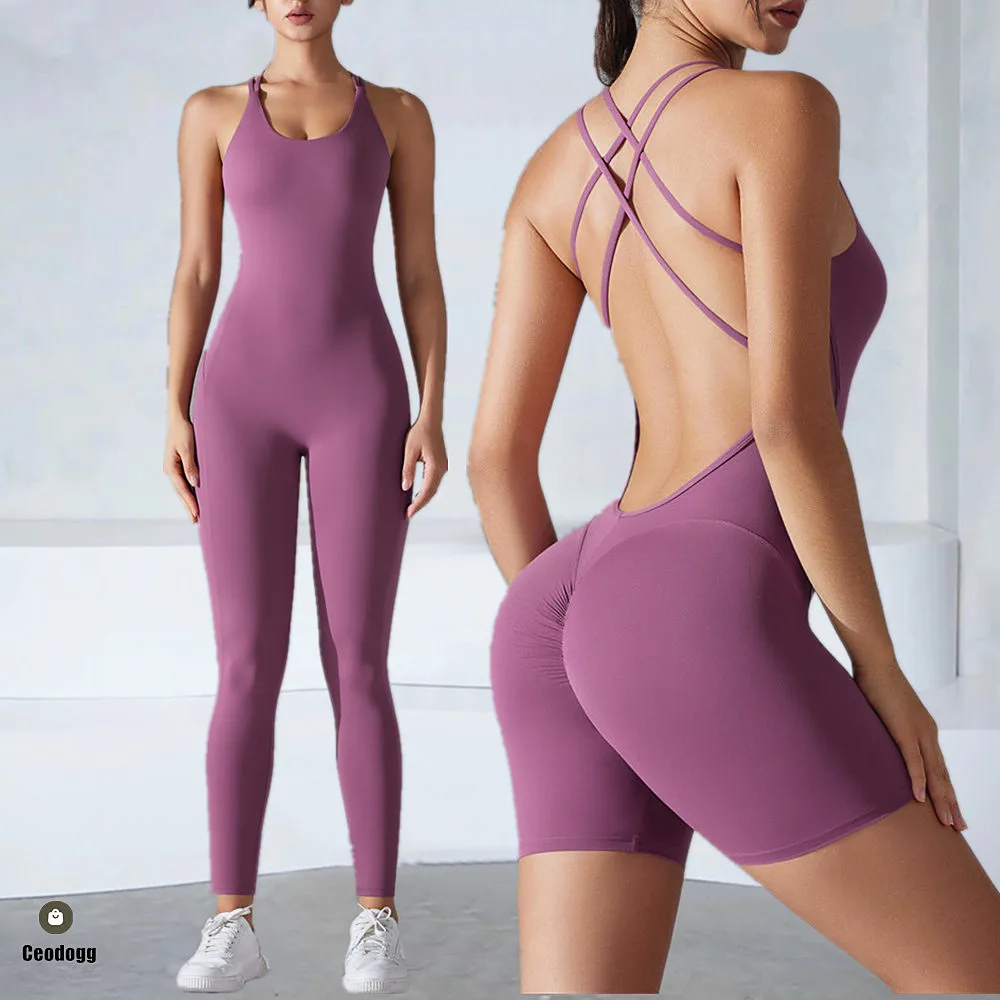 Plus Size Deep V Bodysuits Sports Women Gym Rompers Yoga Set Scrunch Legging Workout One-Piece Jumpsuit Suit Active Wear XP307