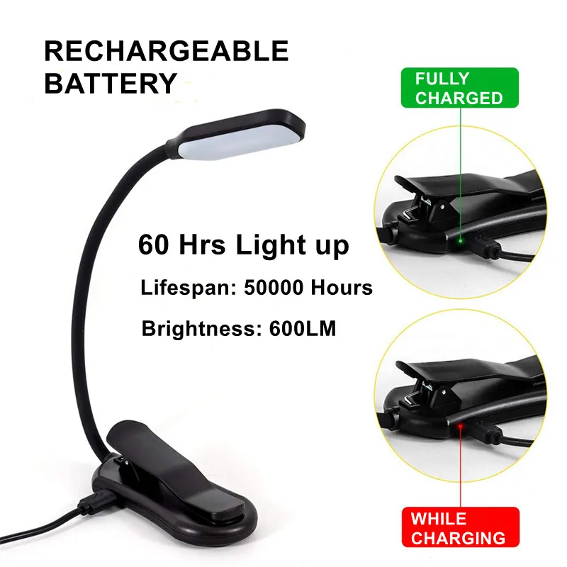 Rechargeable Book Mini 7 Led Level 3 Warm Cold White Flexible Clip-on Night On Reading