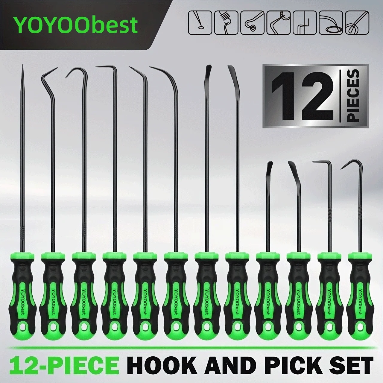 

12-Piece Hook Tool Set, Includes Long Hooks and Mini Hooks, O-Ring Seal Remover, Oil Seal Removal Tool, Suitable for Cars, Trucks, Rvs, and Boats