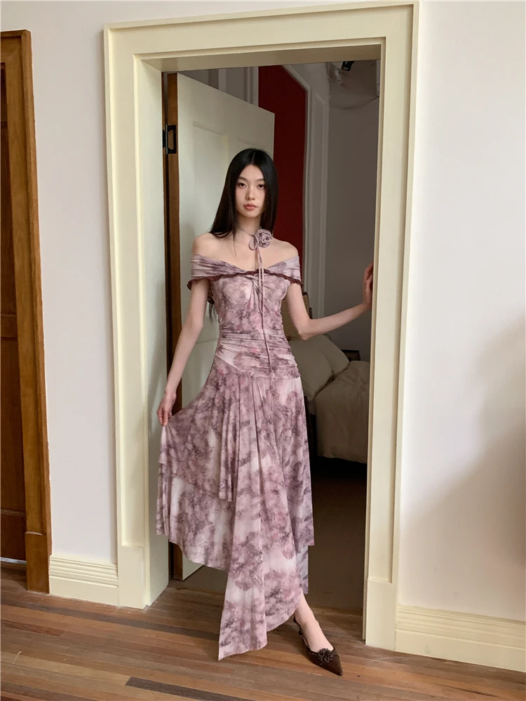 CHEERART Vintage Purple Floral Off The Shoulder Maxi Dress 2024 Women Tunics A Line Asymmetrical Long Dress Summer Fashion