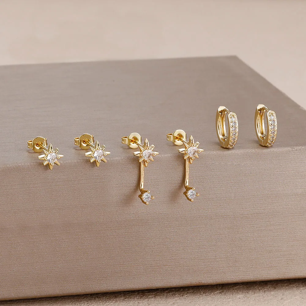 3 Pairs 14K Gold Plated Octagonal Corner Star Stud Earrings Set for Women New Swing Pendant Zircon Earring Trend Wedding Jewelry
