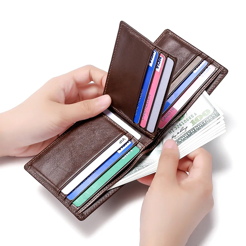 Men's Vintage Oil Wax Top Grain Leather Wallet RFID Blocking Multi Card Slots Large Capacity Billfold Genuine Leather Clip Purse